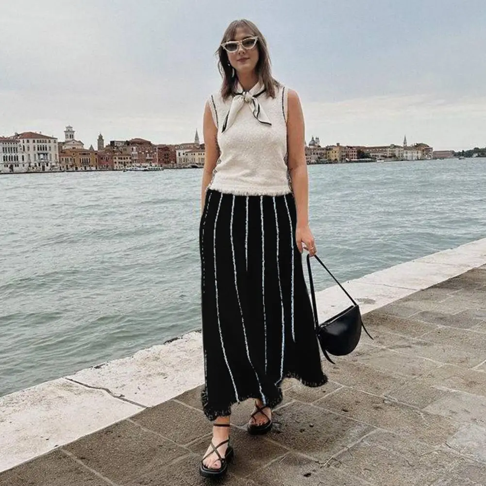 Women Skirt Striped Print Tassel Hem Knitting Skirt for Women High Waist Elastic Long Skirt with Irregular Design Loose Fit Knit