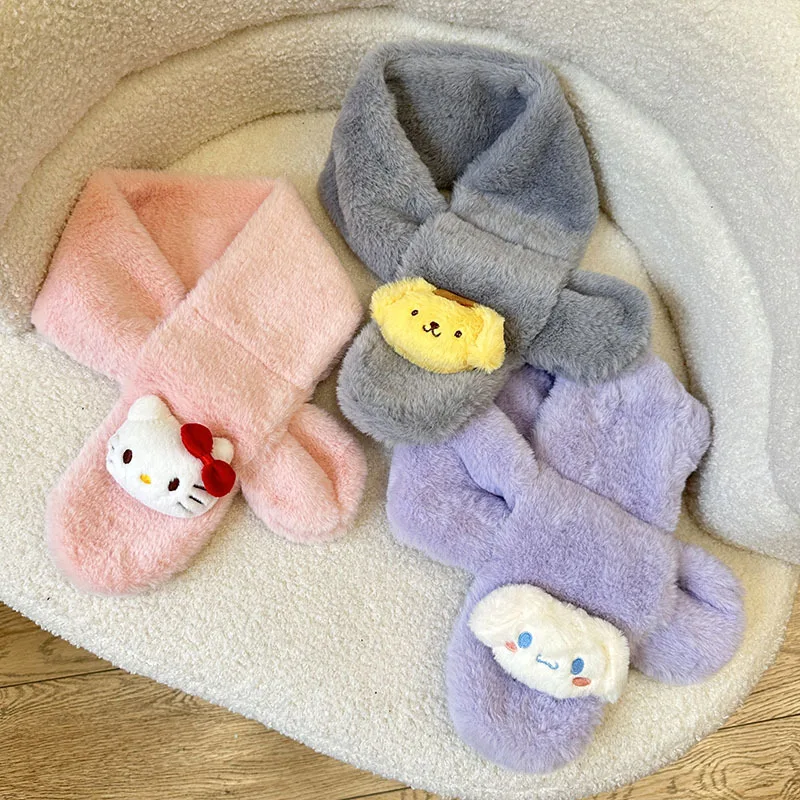 Hello Kitty Children's Scarf Kawaii Plush Cinnamoroll Kuromi My Melody Soft Girls Anime Plushie Thickened Kids Scarves