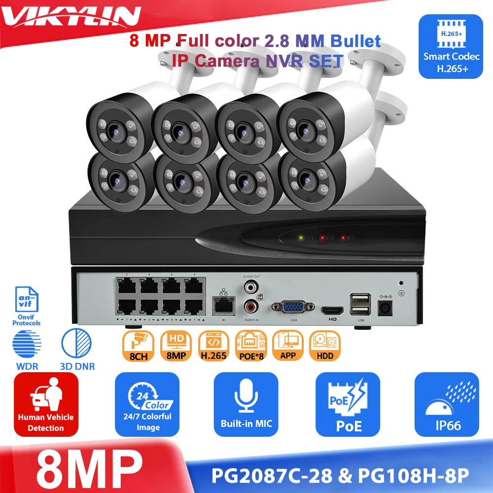 vikylin 8CH 4K POE Network Video Security System 8POE H.265+ NVR With Audio Recording 8MP Full Color IP Camera CCTV Security Kit