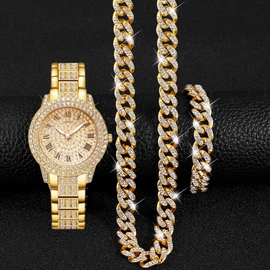 3pcs Luxury Rhinestone Quartz Watch and Jewelry Necklace Bracelet Set - Hiphop Fashion Analog Wristwatch for Women - Perfect Gif