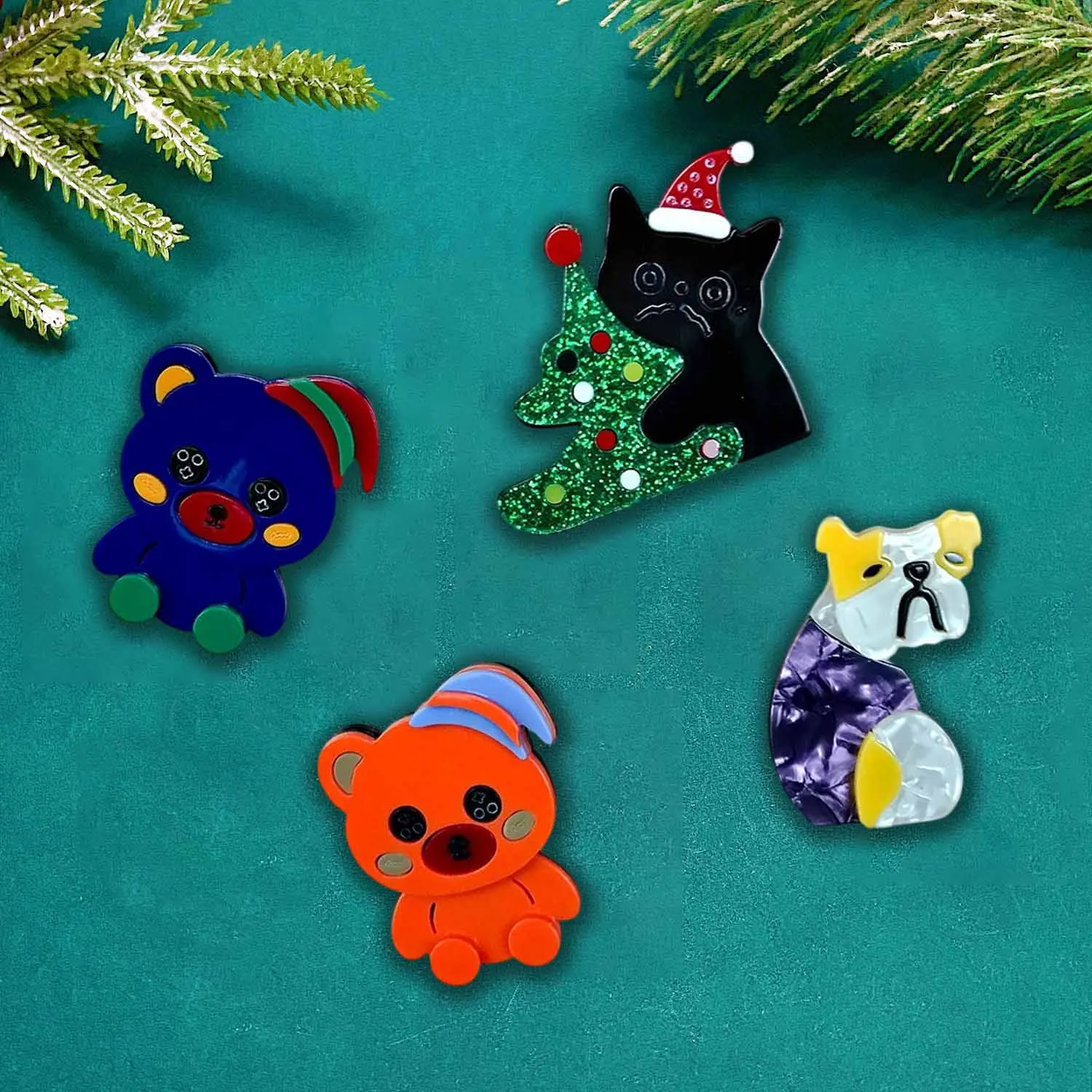 Cross border cute animals Halloween Christmas chest flower, acrylic teddy bear cat dog brooch, clothing bag accessories