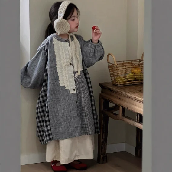 

Girls Suit 2025 Autumn New Children's Clothing Korean Style Girl Baby Stitching Lace Shirt Design Sense Wide-leg Pants Two Sets