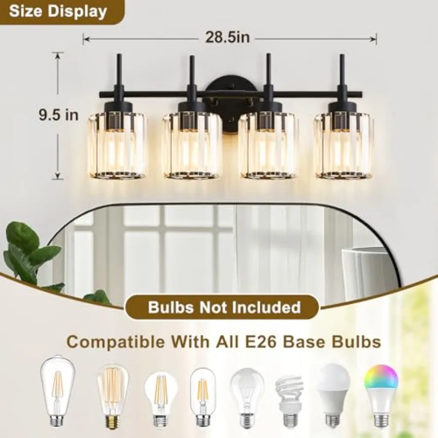 Round Crystal Vanity s, Modern Black Crystal Wall Light Bath Mirror Light Fixture Over Mirror Bathroom Wall Sconces for Bathroo