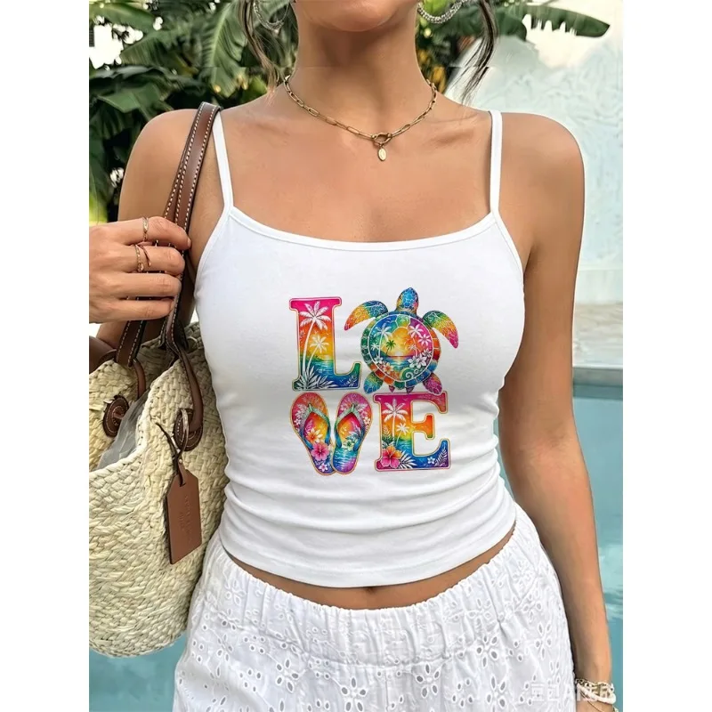 Tropical Sea Turtle Love Print Crop Tank Top Women Palm Flip‑Flop Graphic Sleeveless Slim Fit Camisole Summer Beach Holiday