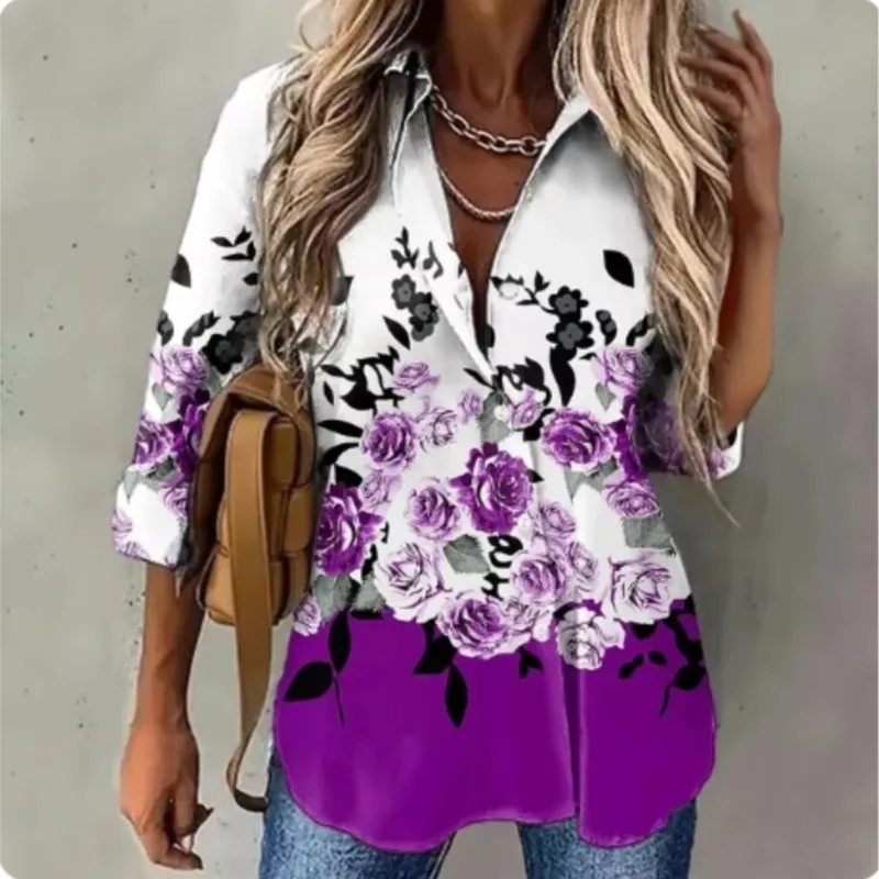 Women's shirt elegant tree branch floral printed  button fashion trend lapel high-end long sleeved personalized shirt for womens