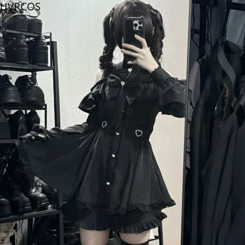 Imagen 2 del producto Vestido gótico japonés Y2k estilo Lolita con lazo, conjunto de pantalones cortos para mujer, camisas con botones y hombros descubiertos, vestido de fiesta ajustado y dulce