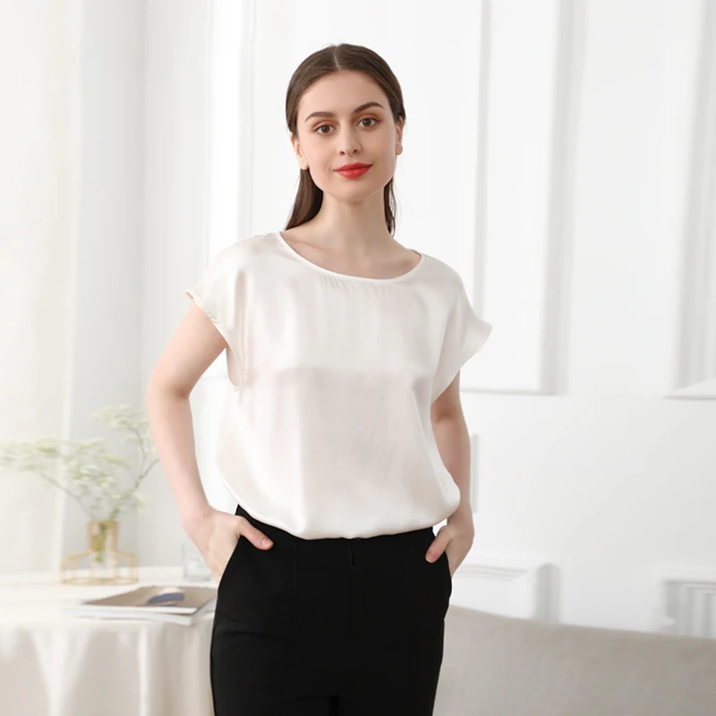 19mm 100% Mulberry Silk T-Shirt Women's Round Neck Loose Fit Short Sleeve Pullover Elegant Casual Summer Tops