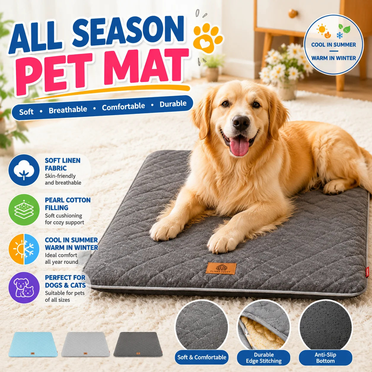 Hundebett Sommermatte Abnehmbar Waschbar Hundekissen Haustierzubehör Ganzjährig Universal für Kleine Mittlere Große Hunde Katzen