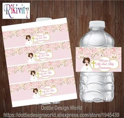 Girl First Holy Communion Decor, Gold Baptême Labels for Water Bottle & Wine - Flower Candy Wrapper Stickers, Party Supplies