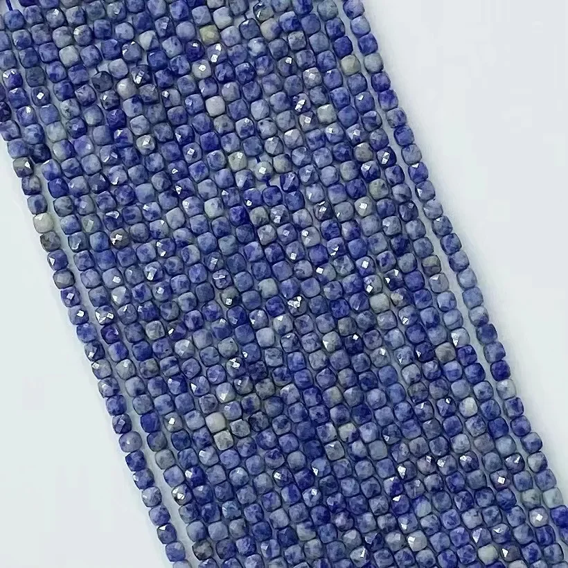 Natural Blue Dot Facted Square Shape Loose Beads Gemstone Crystal Energy Women Fashion Style Elegant DIY Bracelet Necklace 38cm