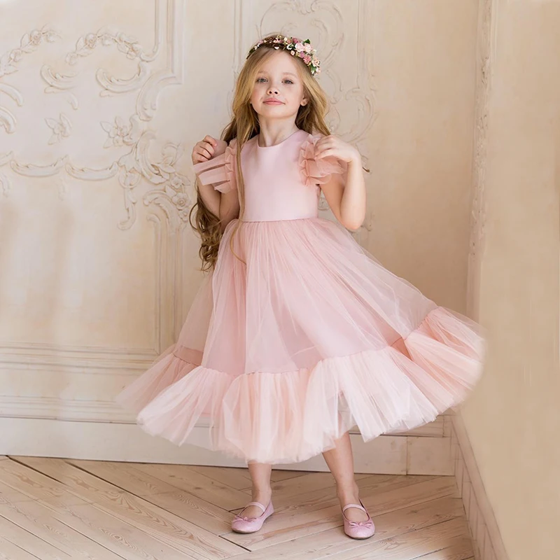 

2024 Autumn And Winter New Dress Children's Bridesmaid Wedding Dress Pink Flower Tulle Dress Boutique Party Wear Elegant Dress