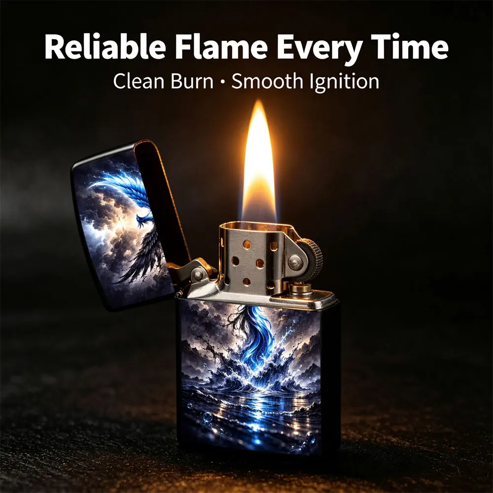 Pocket Lighter, Flip-Top Windproof Design, Metal Shell, Bird Flying over Water Print, Comfortable Grip, Portable & Refillable