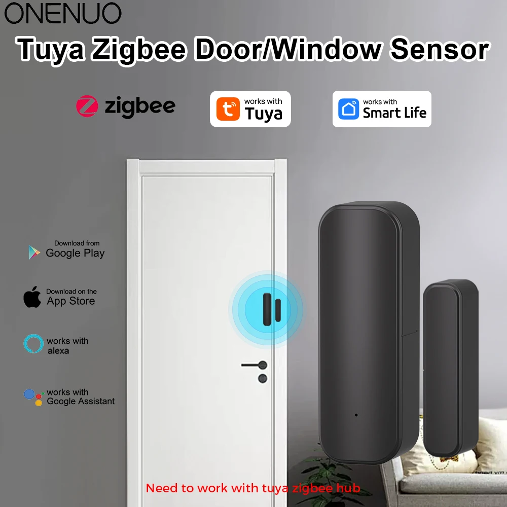 

Tuya smart Zigbee Window Door Sensor Black Color Smart Home Security Alarm System Voice Control
