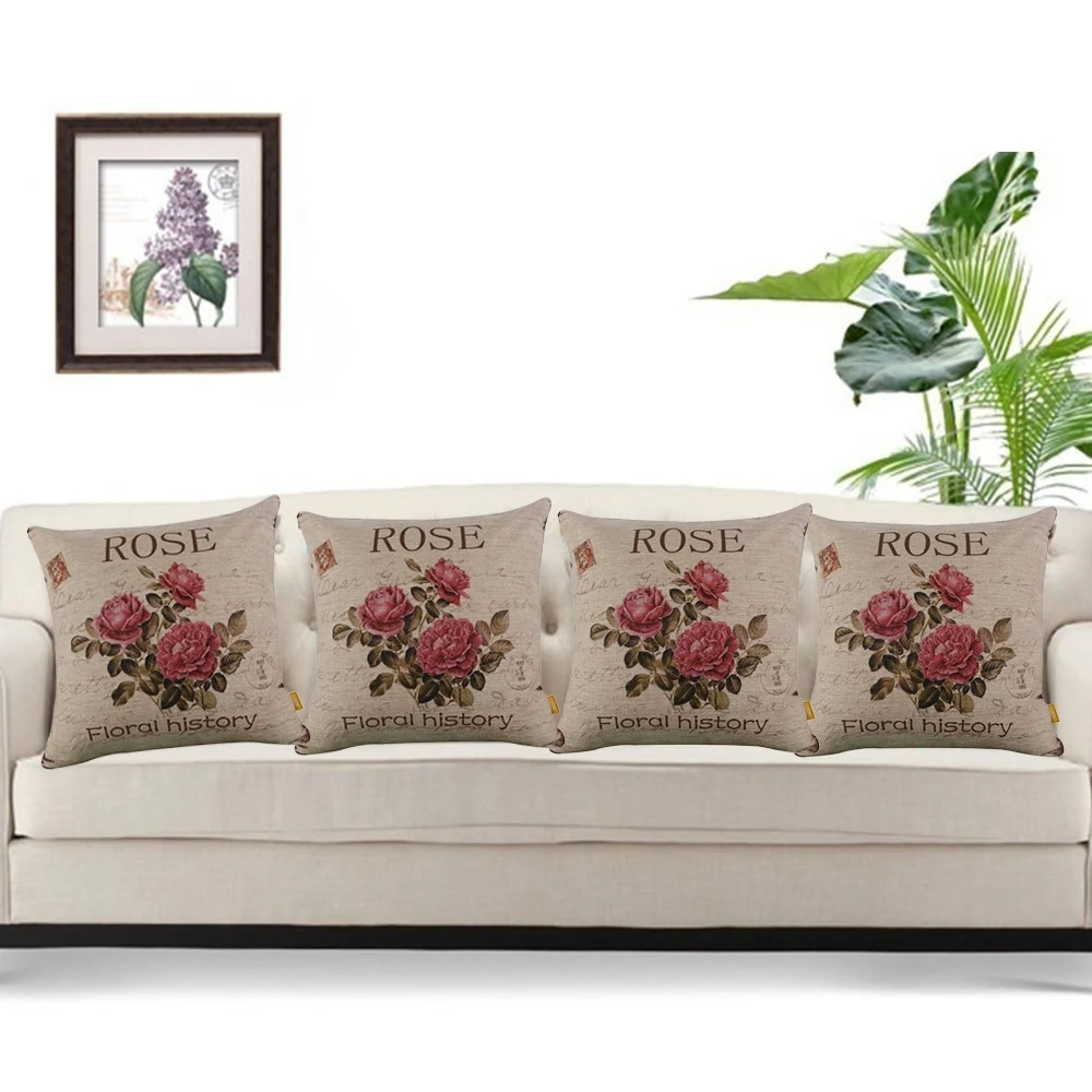 

*BAAY 2Pcs Vintage Floral/Flower Flax Decorative Throw Pillow Case Cushion Cover Home Sofa Decorative - Big Rose & 3 Roses