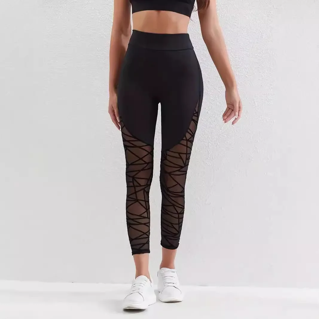 Sexy High Waist Black Mesh Patchwork Yoga Pants Ladies Leggings Side Panel Cut Out Long Pants Fitness Jeggings