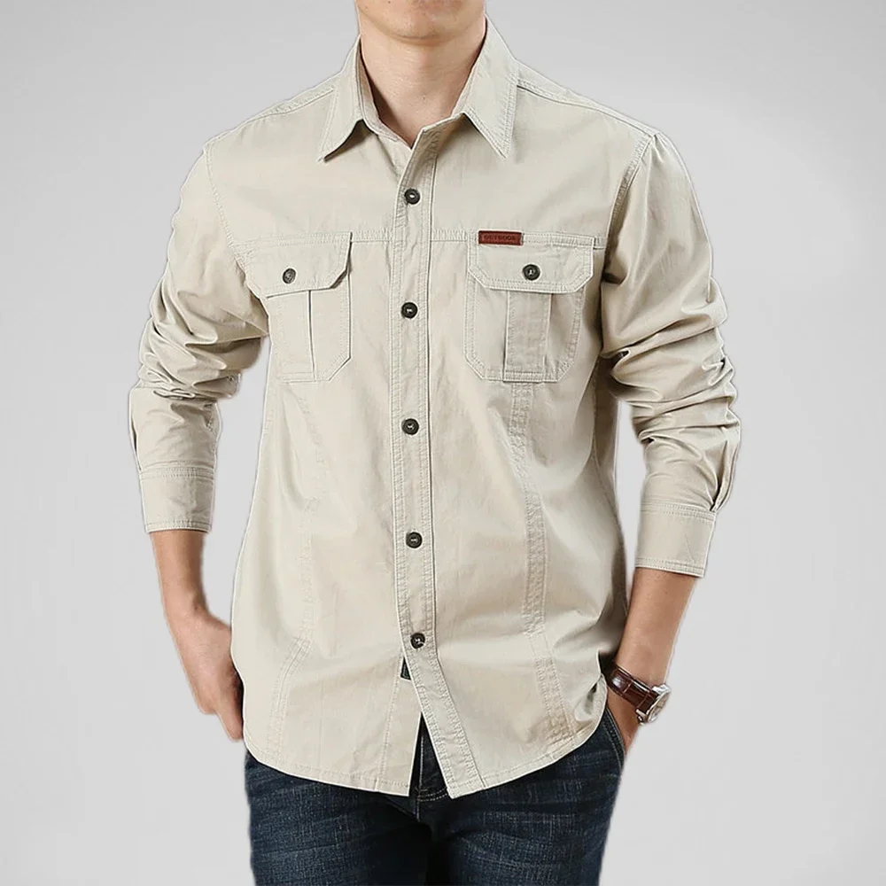 

100% Cotton Men's Shirt Solid Color Multi-Pocket High Quality Cargo Shirts Fashion Outdoor Casual Long Sleeve Shirts For Men New