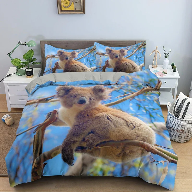 Cartoon Koala Duvet Cover King Queen Lovely Animal Bedding Set for Kids Teens Adults Wildlife Quilt Cover with Pillowcase 2/3PCS