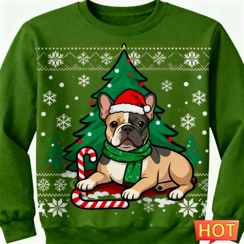 2026 جديد الفرنسية البلدغ الجرافيك القبيح عيد الميلاد سترة موضة لطيف الكلب ثلاثية الأبعاد مطبوعة عيد الميلاد بلوزات فضفاضة تنفس البلوفرات