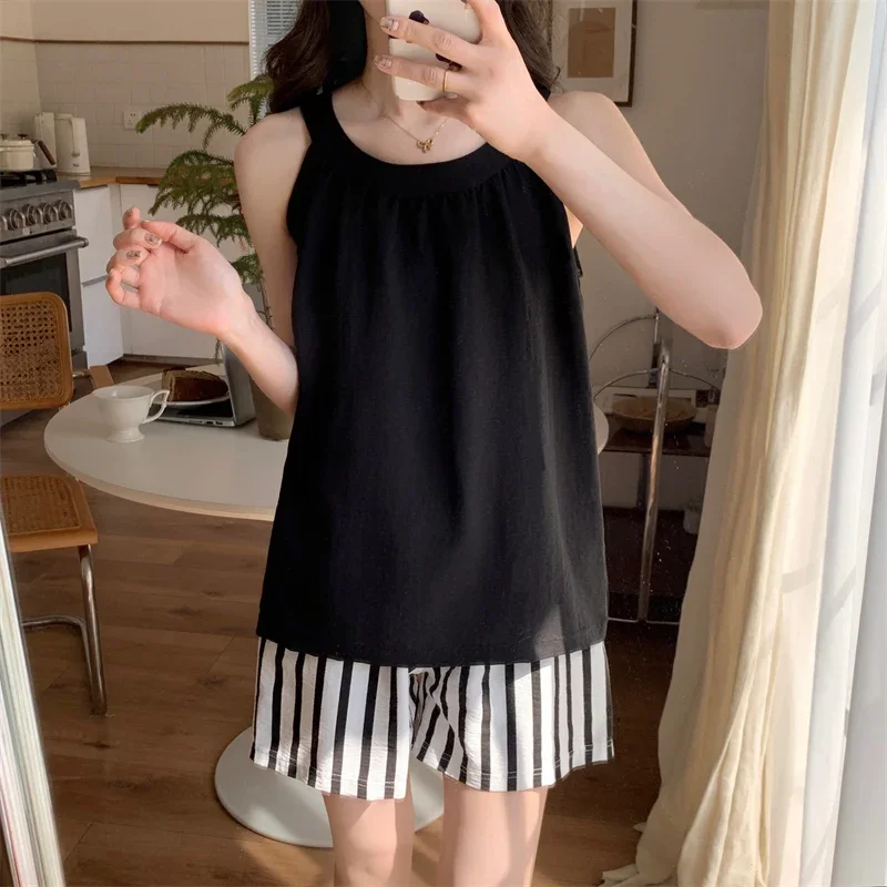 

Summer Sexy loose tank Tops and Shorts 2 Pieces Short Pyjamas Solid Pajamas Set with Chest Pad for Women Homewear girl Sleepwear