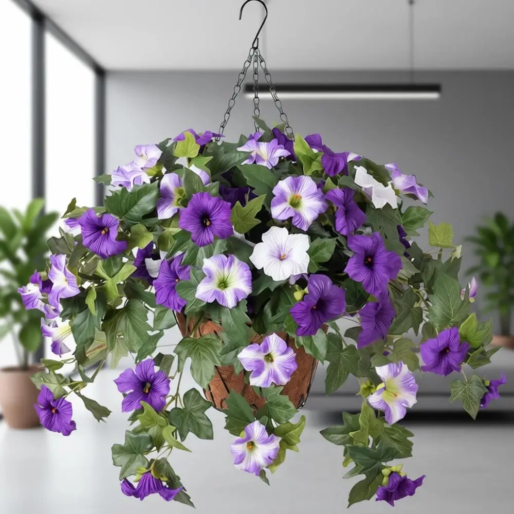 

UV-Resistant Artificial Morning Glory Hanging Baskets for Outdoor and Patio Garden Decor