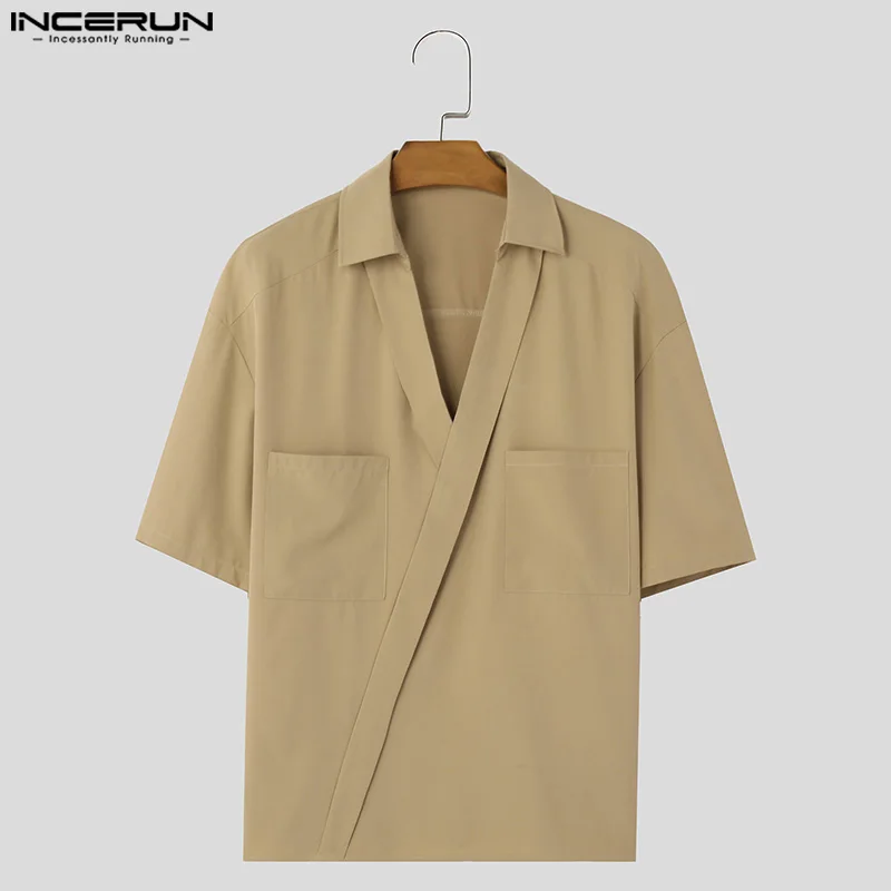 INCERUN-Blusa de manga corta para hombre, camisa holgada con cuello en V, diseño de bolsillo, lisa y sencilla, estilo informal, S-5XL