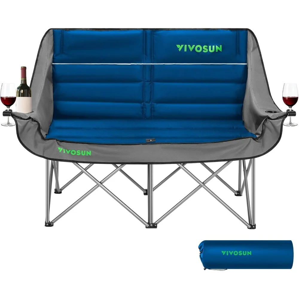 Cadeira de acampamento dupla VIVOSUN, loveseat dobrável totalmente acolchoado, cadeira duo grande com suportes para copos e copos de vinho, bolso, braços