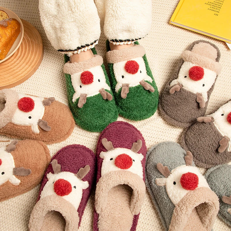 Feslishoet Winter Women Christmas Elk Plush PVC Slippers Non-Slip Cute Versatile Indoor Outdoor Comfort Men Cotton Slippers 