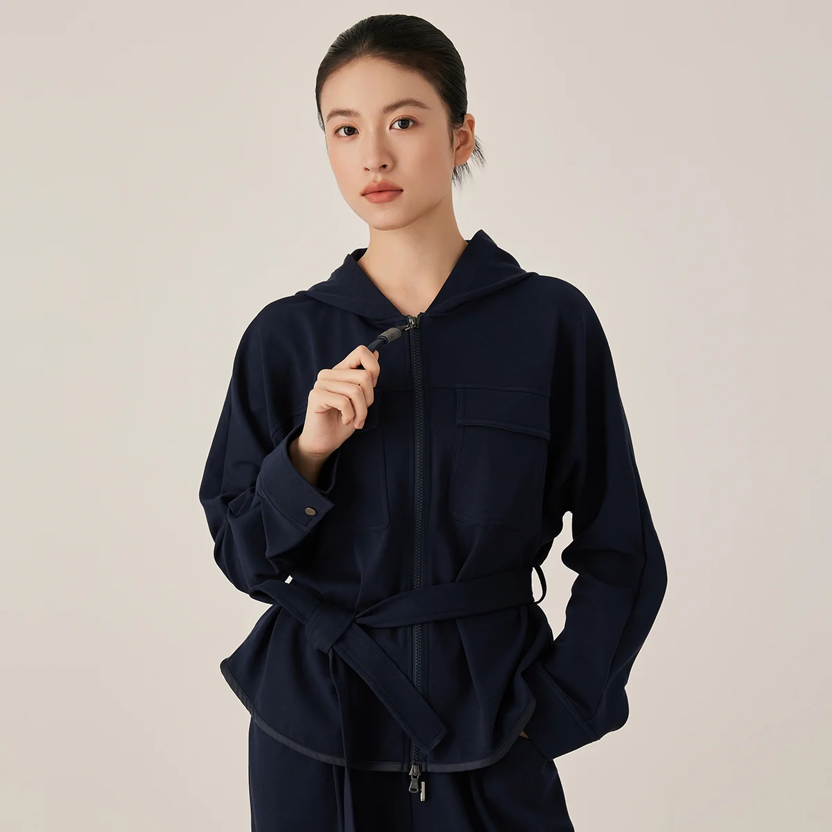 

KL7523370 Women's Casual Hooded Zip-Up Cotton Blend Jacket Long Sleeved with Belt Athletic Style Fall Clothing