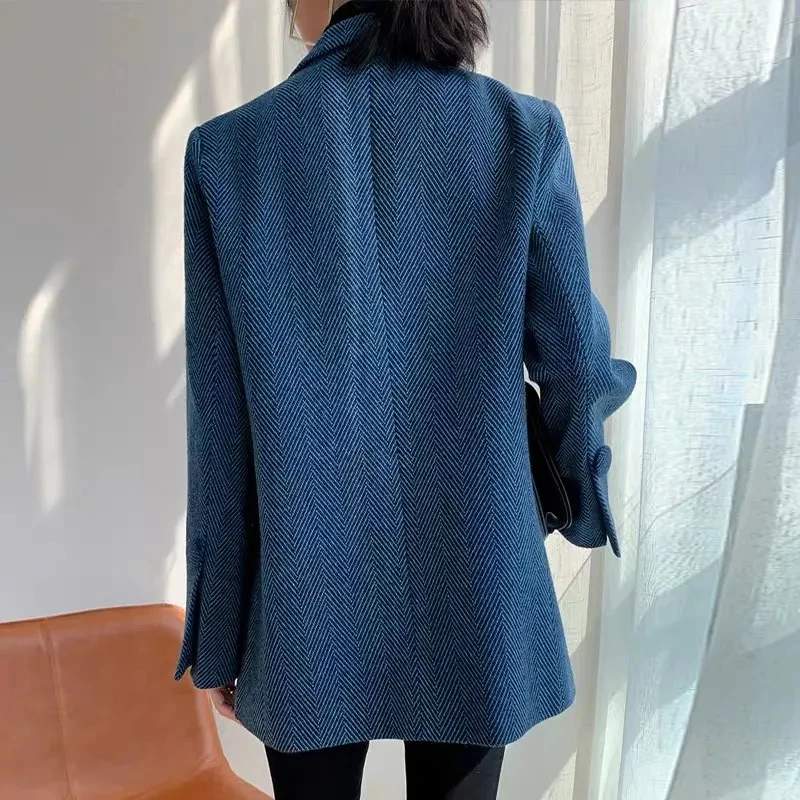 2024 Korean Style Women\'s Woolen Suit Jacket Autumn and Winter New Herringbone Blazer Woolen Coat Slimming Office Lady Suit Top