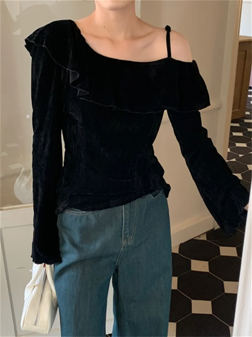 

Alien Kitty Black Blouses Elegant Spring Women Full Sleeve Elegant Off Shoulders Daily Fashion Casual Office Lady Chic Slim