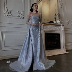 Luxury Trailing Bead Light Blue Floor-Length Evening Dress for Women Strapless Mermaid Elegant Wedding Gowns Party Evening Dress