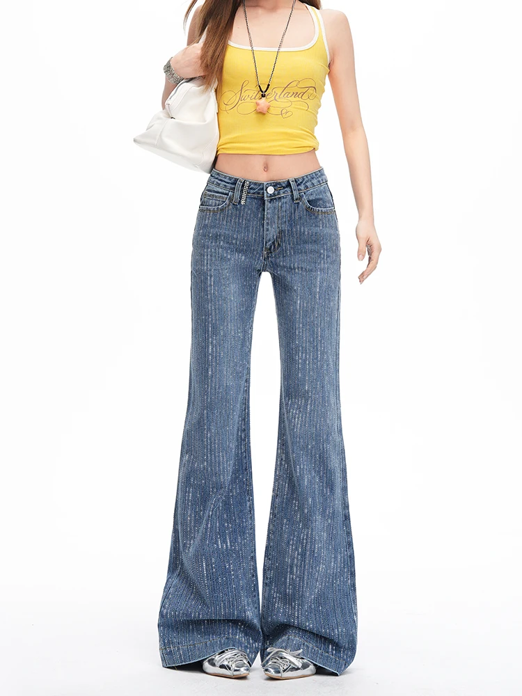 Retro Sequin Wide Leg Jeans Women's Loose Fitting Flashing Sequin Design Floor-Length Pants Comfortable Natural Waist Denim