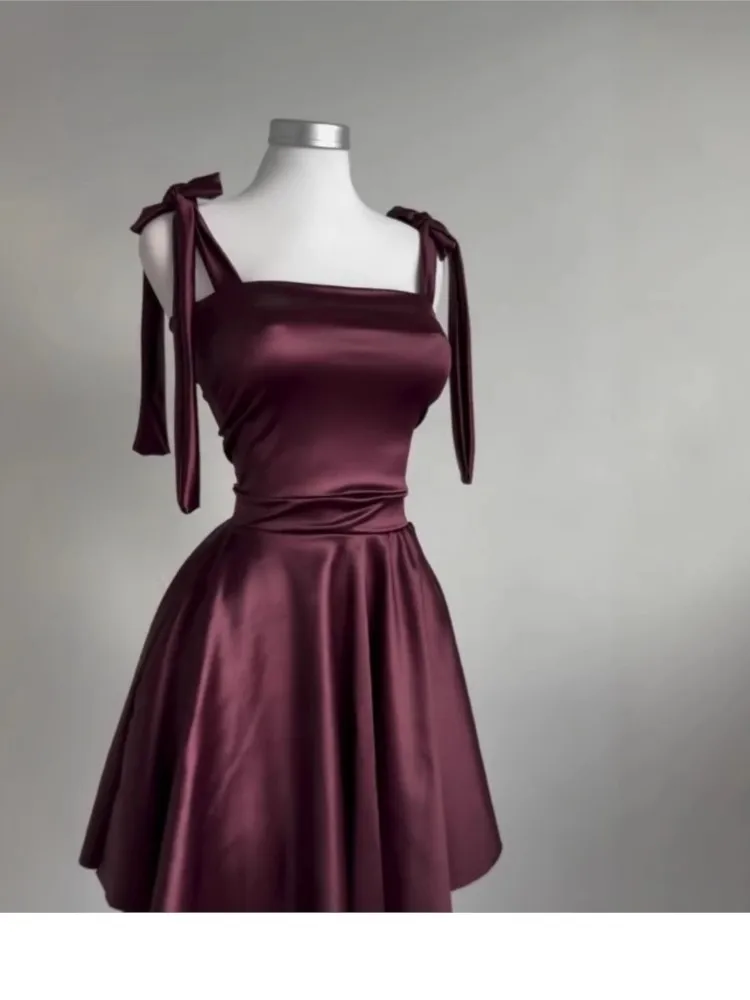 

Dresses For Woman Spaghetti Strap Bowknot Solid Color Leace-up Backless Slim Trendy All-match Elegant Temperament Hepburn Style