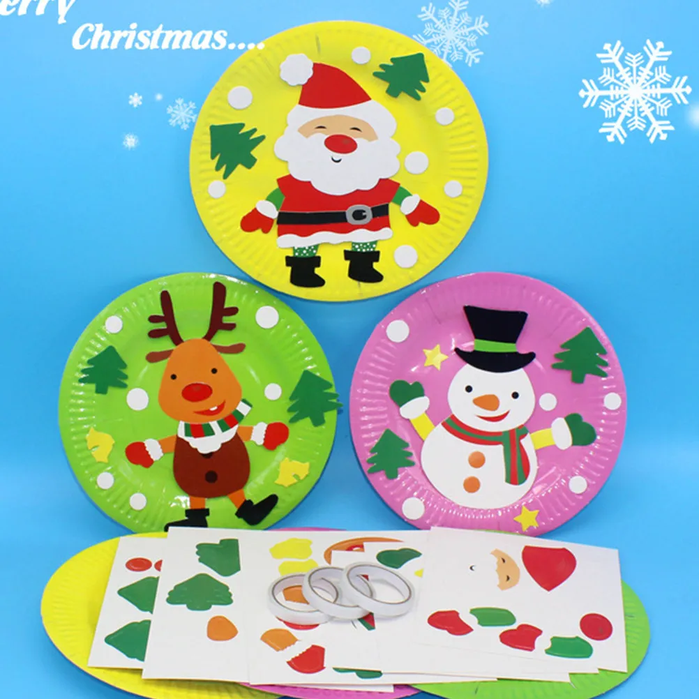 6Pcs Paper Plate Sticker Material Kit for Kids DIY Hand Painting Christmas Craft Activity Creative Bright Cartoon Design Easy to