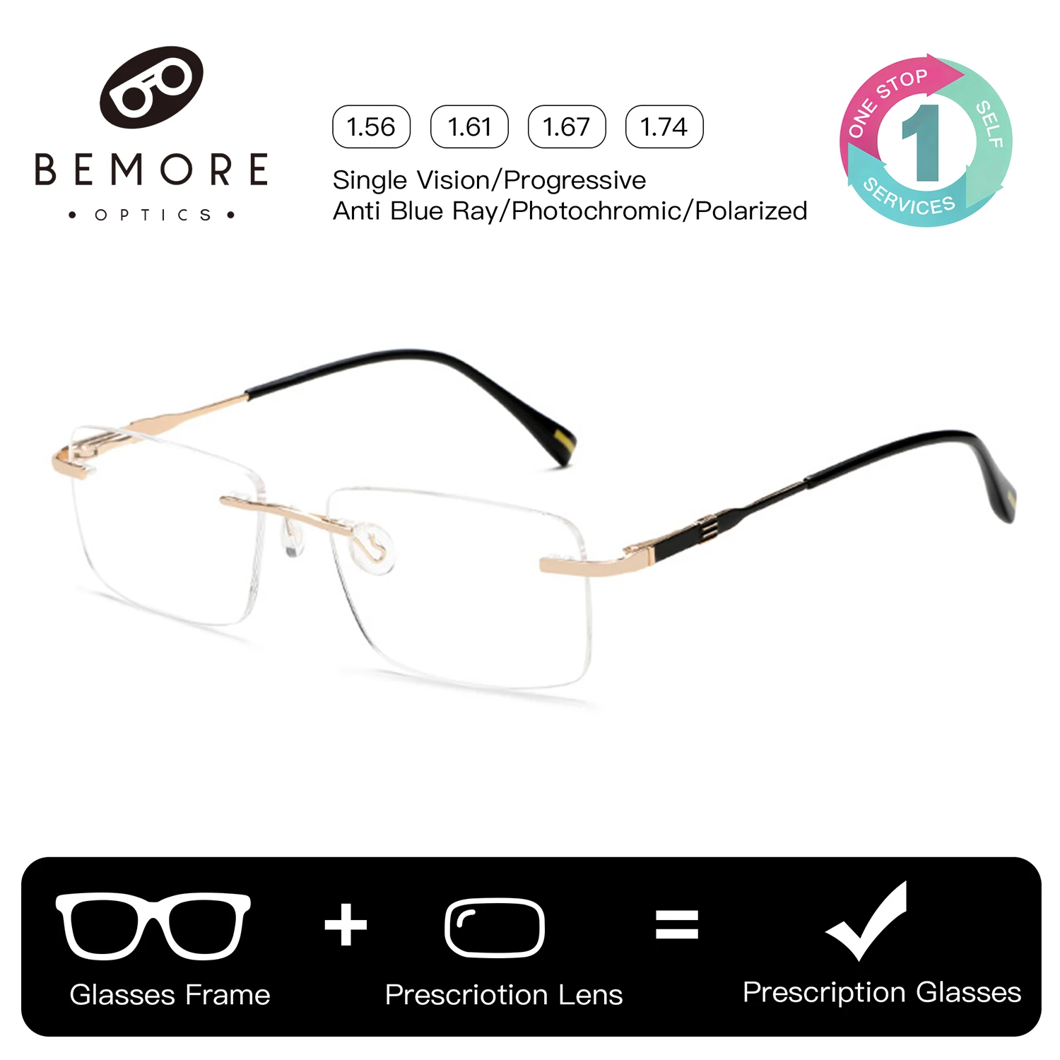 

BEMORE Alloy Rimless Optical Lenses with Prescription Women Photochromic Anti Blue Light Myopia Correction Eyeglasses