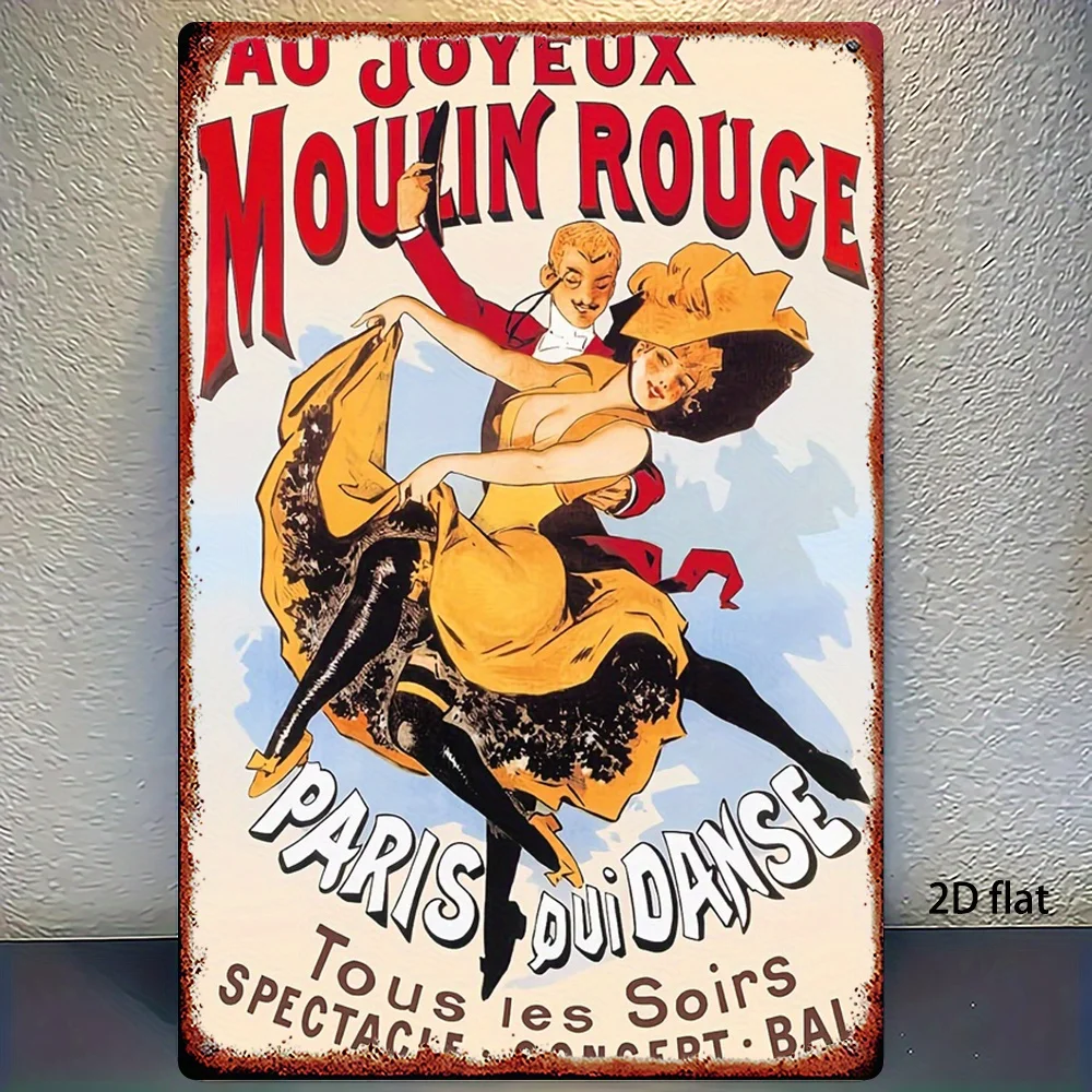 2D Flat, 1pc, Metal Sign, Vintage Tin Poster Decoration of The Moulin Rouge in Paris, Suitable for Bathroom, Man Cave, Bedroom,