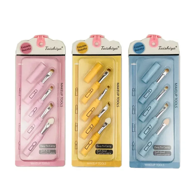 Portable Retractable 4 In 1 Professional Makeup Brush for Lip, Eyeliner and Eye Shadow, Travel Outdoor with Plastic Handle