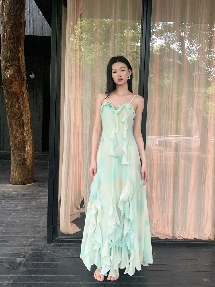 CHEERART Mint Green Ruffles Long Maxi Vacation Dresses 2024 Women Summer Beach Tunic Slip Holiday Dress Ball Gown Clothes