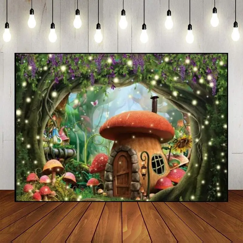 Fairy Tales Photography Party Backdrop Decoration Fantasy Jungle Theme Evergreen Happy Birthday Fairyland Tropical Banner Wall