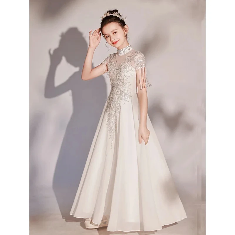 

Customized White Flower Girl Dress For Wedding Appliques Short Sleeve Floor Length Elegant Kids Birthday First Communion Gown