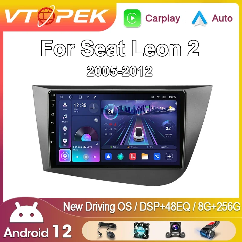 

Vtopek 2 Din Android 12 Car Radio for Seat Leon 2 2007 - 2015 Multimedia Player Carplay Auto Stereo 4G WIFI GPS DVD Head Unit