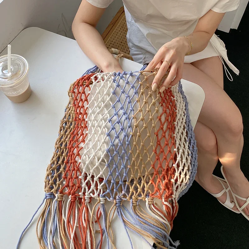 Bohemian Tassel Fishnet Women Shoulder Bags Colorful Rope Woven Lady Handbags Handmade Hollow Summer Beach Bag Large Tote Purses