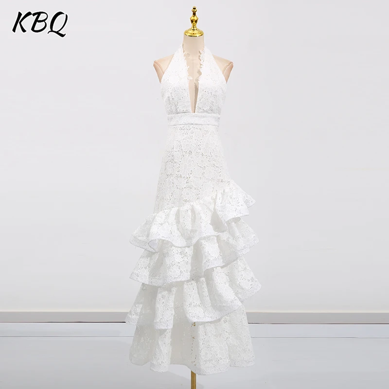 

KBQ Solid Slimming Temperament Dresses for Women Halter Sleeveless High Waist Backless Elegant Chic Dress Female Fashion Style