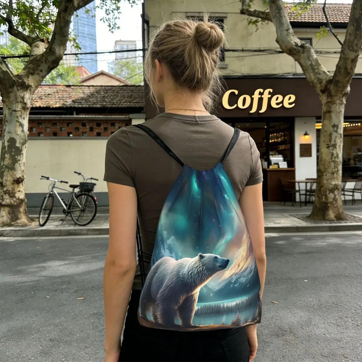 Bear Looks Up At The Starry Sky Backpacks Portable Drawstring Bags Sports Bag Book Bags for Travel School