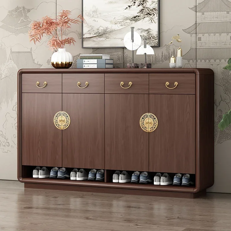 Retro multi-layer wooden shoe rack organization, Chinese metal handle, suitable for large household shoe cabinets