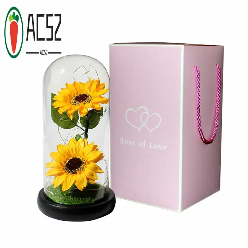 

AC52-Подарки с подсолнухом для женщин, искусственные подсолнухи в стеклянном купе со светодиодной лентой, день рождения, день матери, подарок на день Святого Валентина