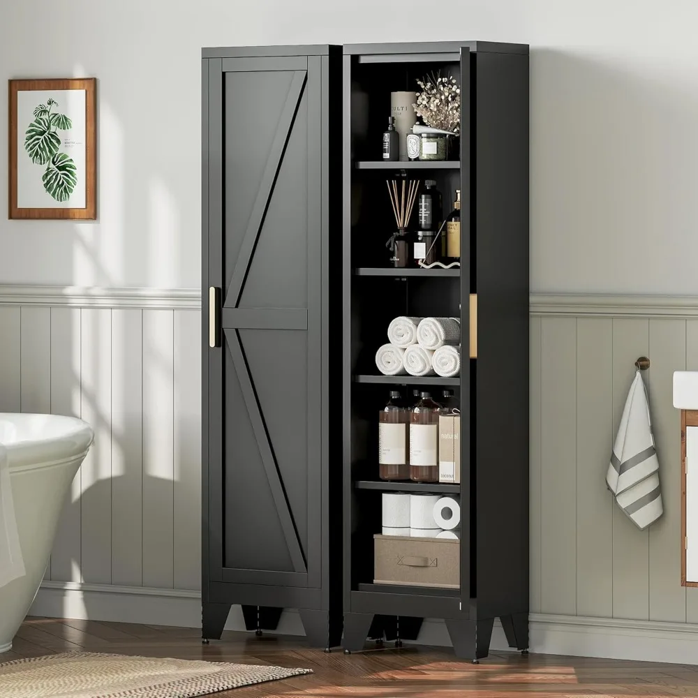 ตู้เก็บของโลหะสำหรับห้องน้ำทรงแคบ สูง 67 นิ้ว พร้อมชั้นวางปรับได้ 4 ชั้น ตู้เก็บของแบบตั้งพื้น 5 ชั้น สำหรับห้องครัวขนาดเล็ก