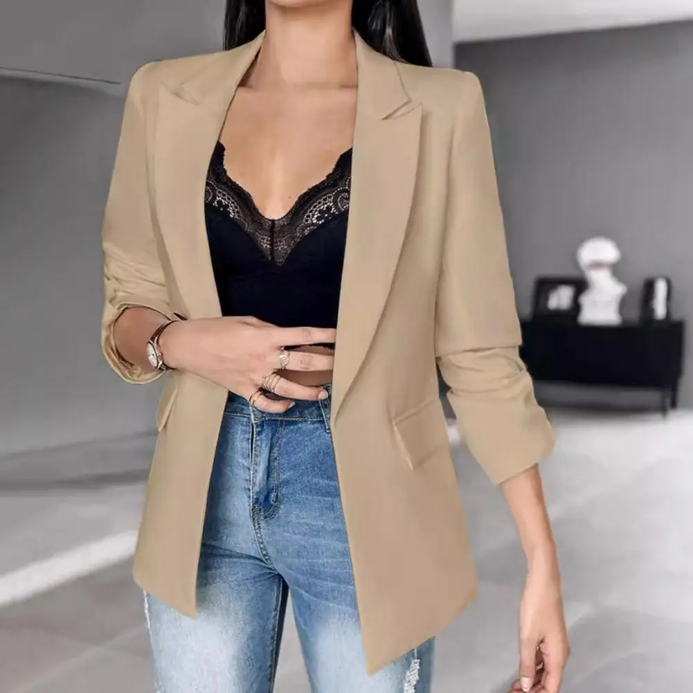 Colbert Elegant Revers Pak Jas Voor Dames Lange Mouwen Business Outwear Met Flap Zakken Effen Kleur Open Voorkant Voor Kantoor
