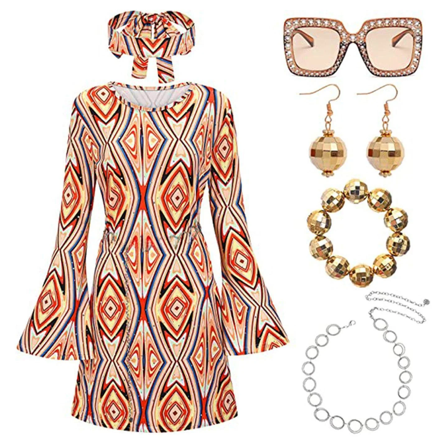 Disfraz de Halloween estilo hippie disco, conjunto de dos piezas con pañuelo para la cabeza, falda de cintura alta estilo gótico, vestido ajustado de manga larga.