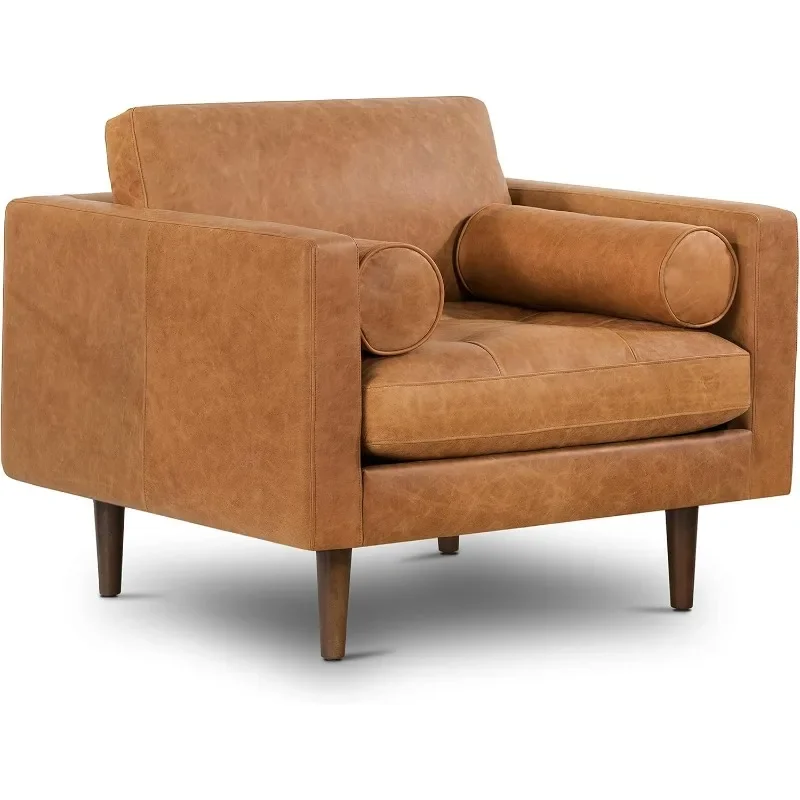 Mid Century Modern Cognac Brown Leather Accent Chair for Living Room, Bedroom & Home Office - High Density Foam